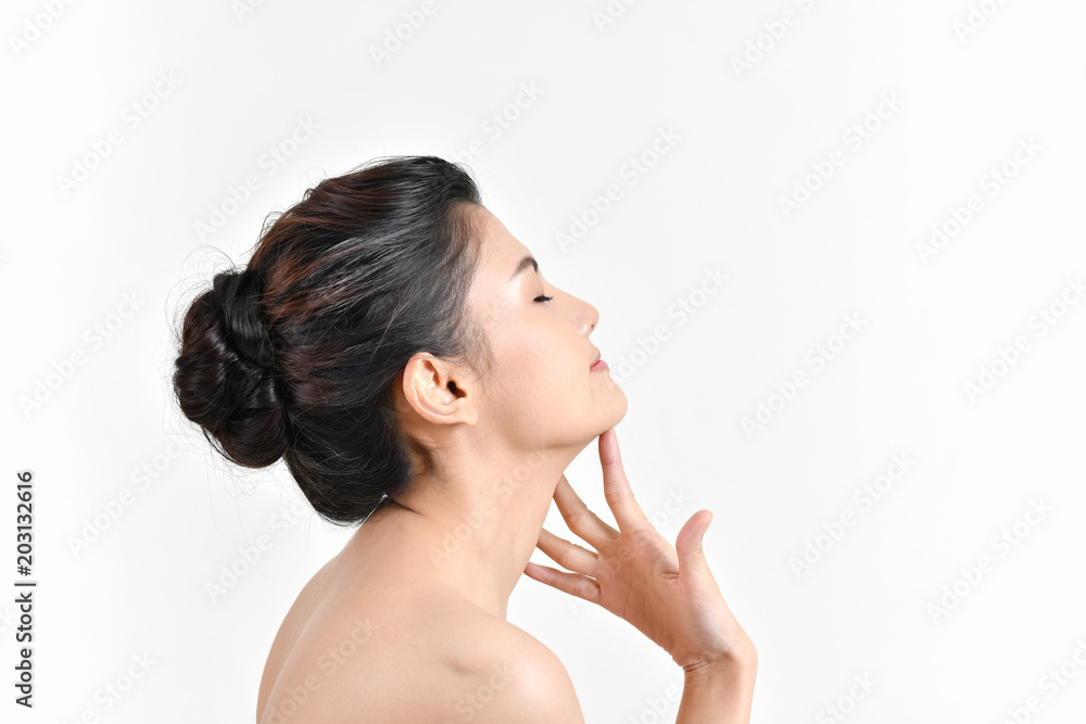 The concept of healthy beautiful woman. Beautiful women keep healthy. Beautiful women take care of skin health. Beautiful girl on white background The concept of healthy beautiful woman. Beautiful women keep healthy. Beautiful women take care of skin health. Beautiful girl on white background