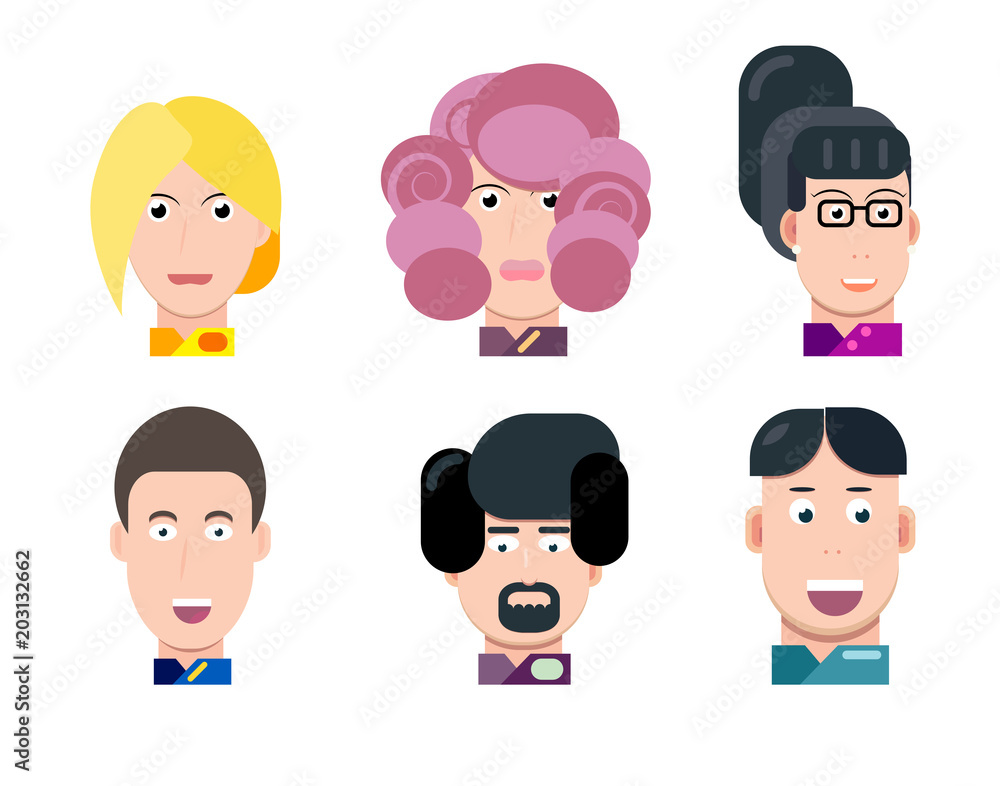 Flat vector characters portrait set. Vector avatars. Smiling happy people. Happy emotions. Vector portraits. Flat vector characters portrait set. Vector avatars. Smiling happy people. Happy emotions. Vector portraits.