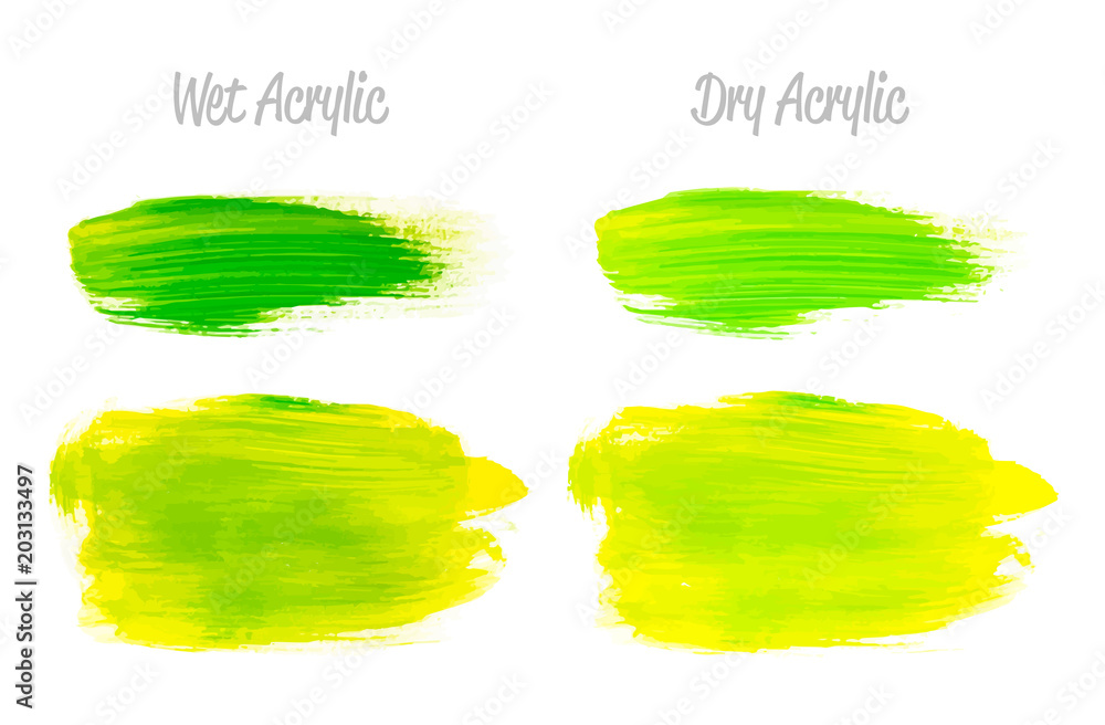 Vector yellow and green paint smear stroke stain set. Abstract acrylic