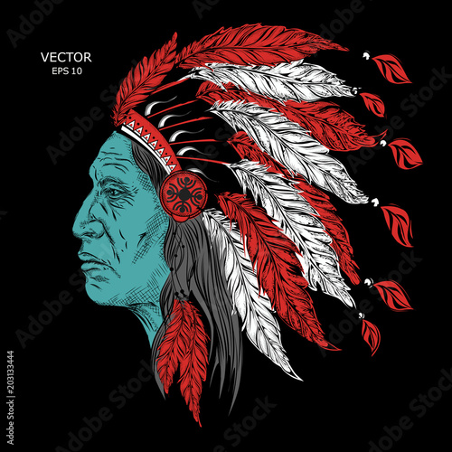 Man in the Native American Indian chief. Black roach. feather headdress of eagle. Hand draw vector illustration