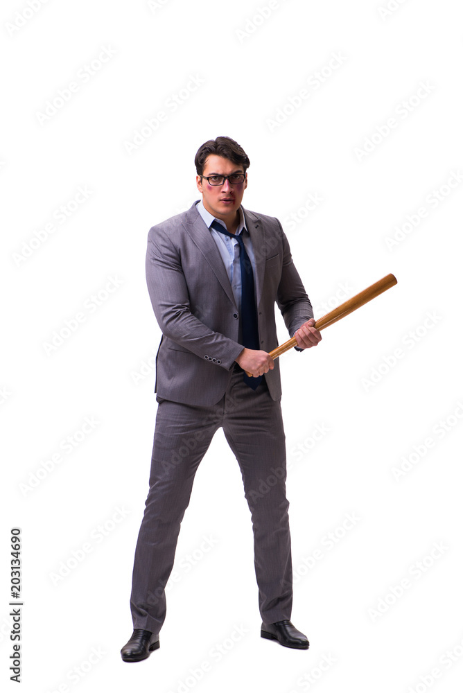 Businessman with baseball bat isolated on white Businessman with baseball bat isolated on white