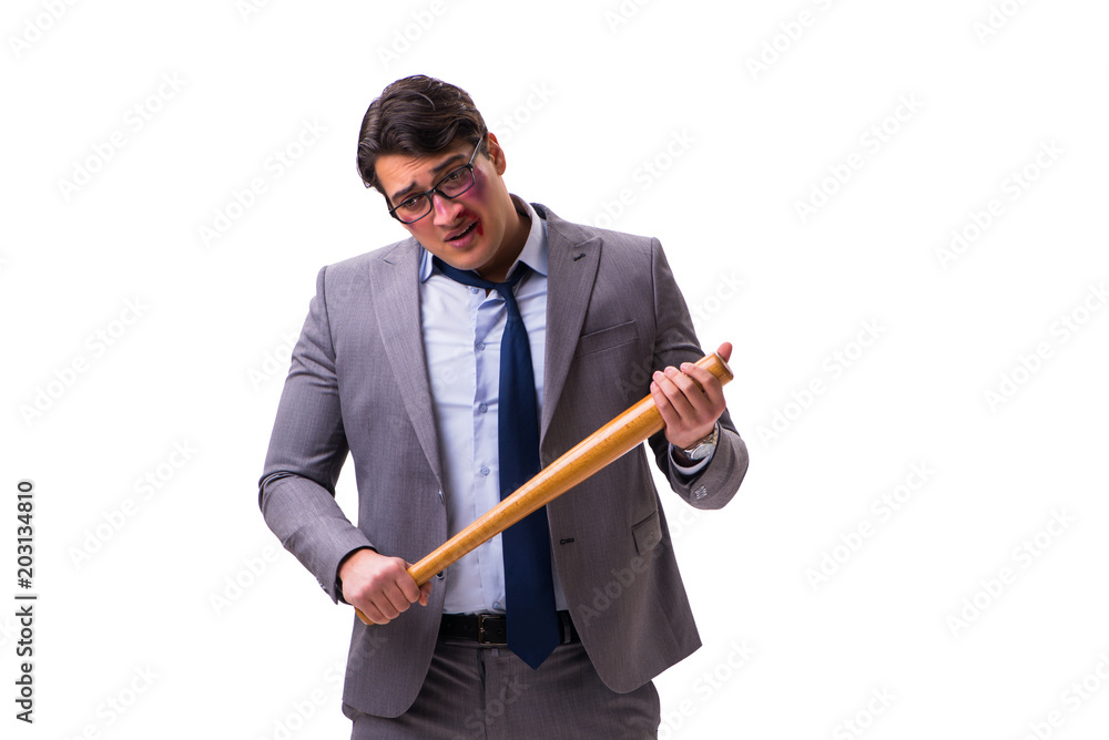 Businessman with baseball bat isolated on white