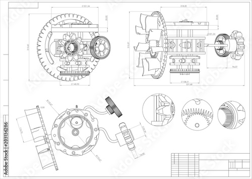 Drawing and 3d model gear mechanism on a white