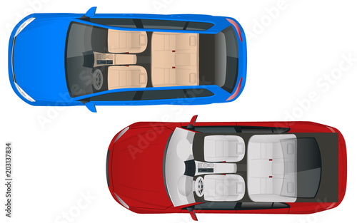 Salon car wagon and salon car sedan view from above, vector illustration. Compact Hybrid Vehicle. Eco-friendly hi-tech auto. Easy color change.