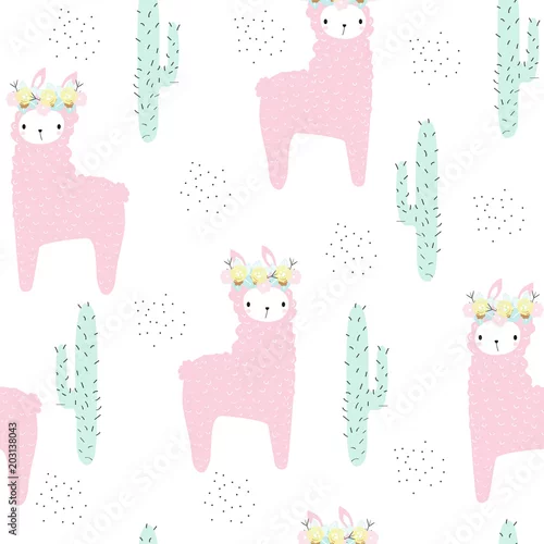 Tapety Ładny różowy Lamy z wieniec kwiatowy wzór. Wektorowa ręka rysująca ilustracja.