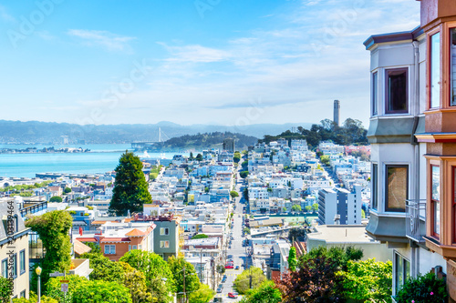 High Angle View of San Francisco Skyline from Lombard St showing Fisherman's Wharf and Coit Tower in North Beach