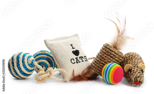 Cat toys and accessories on white background. Pet care photo