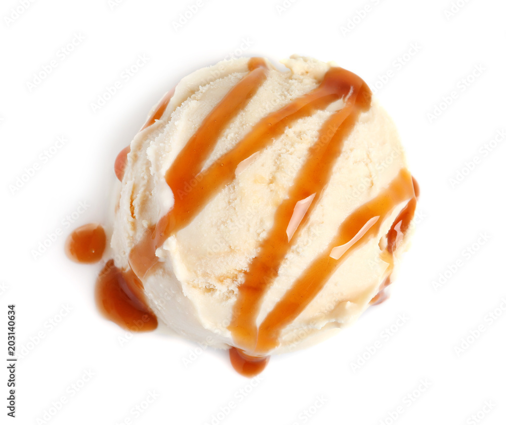 Tasty ice cream ball with caramel sauce on white background Tasty ice cream ball with caramel sauce on white background