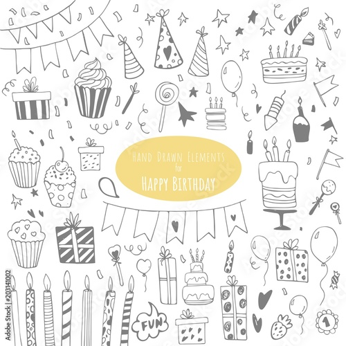 Happy Birthday hand drawn set. Party decoration, gift box, cake with candles, fireworks, confetti, party hats, bouquet, desserts and beverages. Vector outline illustration isolated on white.