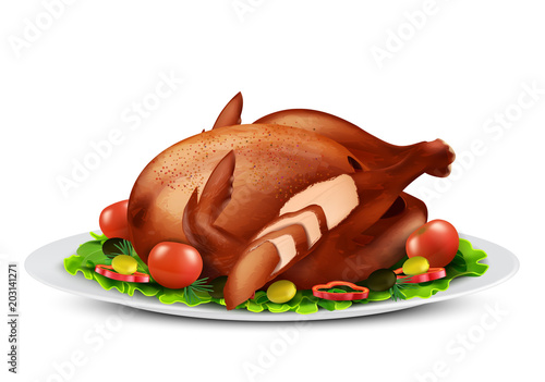 Vector realistic illustration of roasted turkey or grilled chicken with slices, spices and vegetables on white plate, isolated on background. Tasty traditional food for Christmas or Thanksgiving day