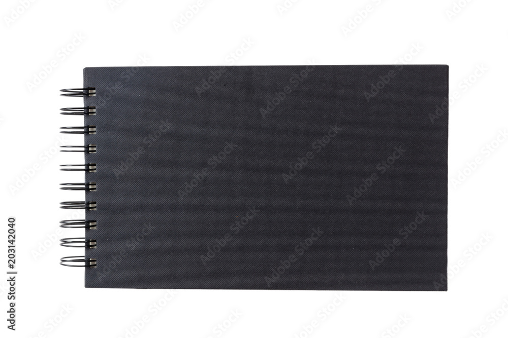 Black notebook, isolated on white background, copy space, top view Black notebook, isolated on white background, copy space, top view