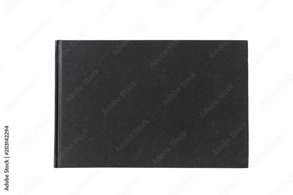 Black notebook, isolated on white background, copy space, top view