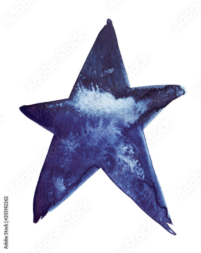 Single big hand drawn dark blue star painted in watercolor on clean white background © tina bits