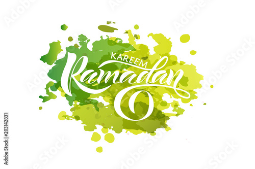Vector Illustration of text Ramadan Kareem for postcards. Ramadan Kareem badge, tag and icon. Template for postcards, invitation, banner, poster. Lettering, calligraphy of Ramadan Kareem text. EPS 10
