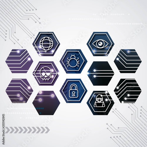 cyber security technology many circuit background rhombus safety skull piracy crime hacker surveillance vector illustration