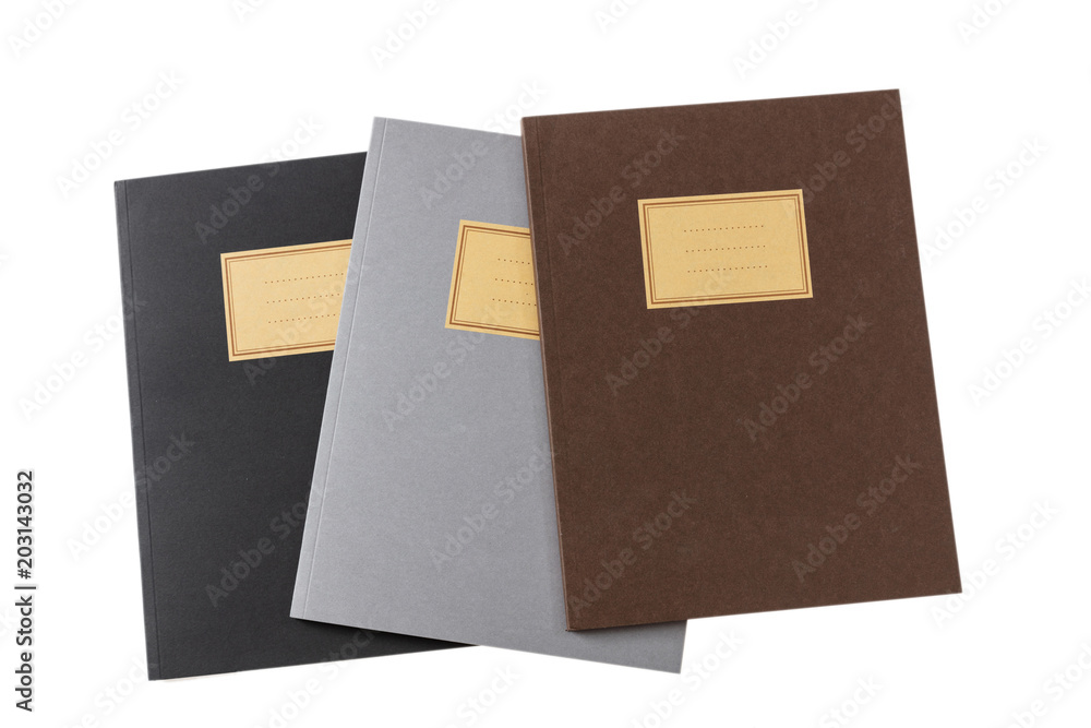 Fototapeta premium School notebooks stack, old fashioned, isolated on white background, blank label, copy space, top view
