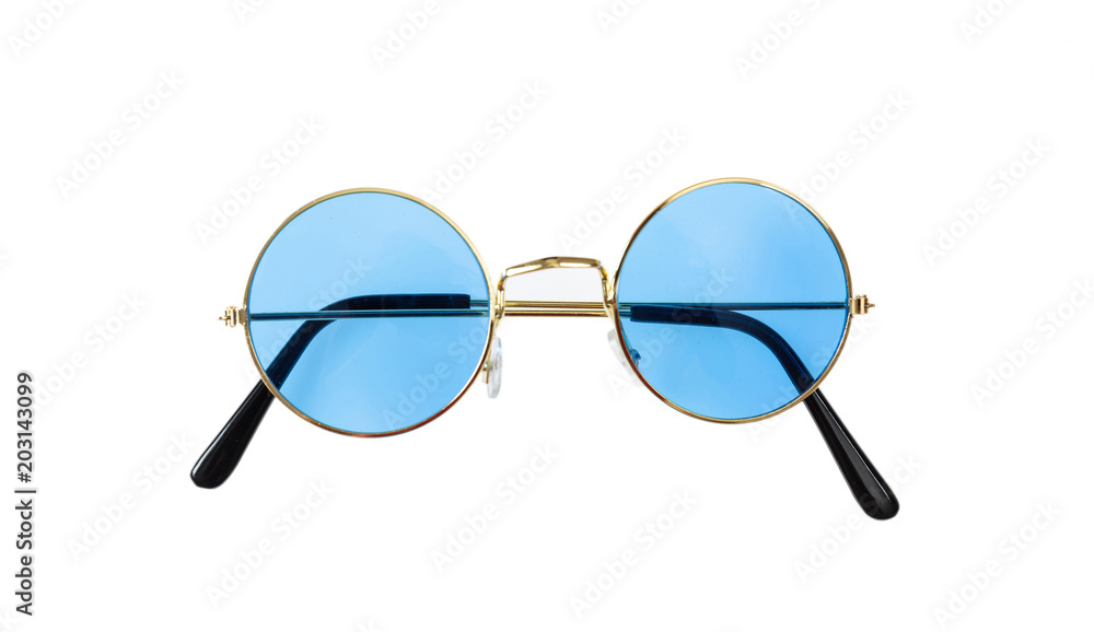 Fototapeta premium Golden frame sunglasses with blue lens isolated on white background, top view