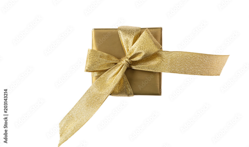 Fototapeta premium Golden gift box isolated on white background, top view