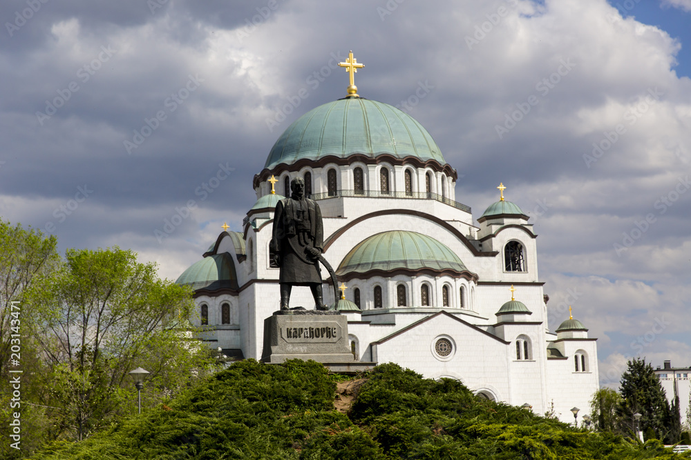 Looking at the Saint Sava cathedral and monument of Karageorge Petrovitch