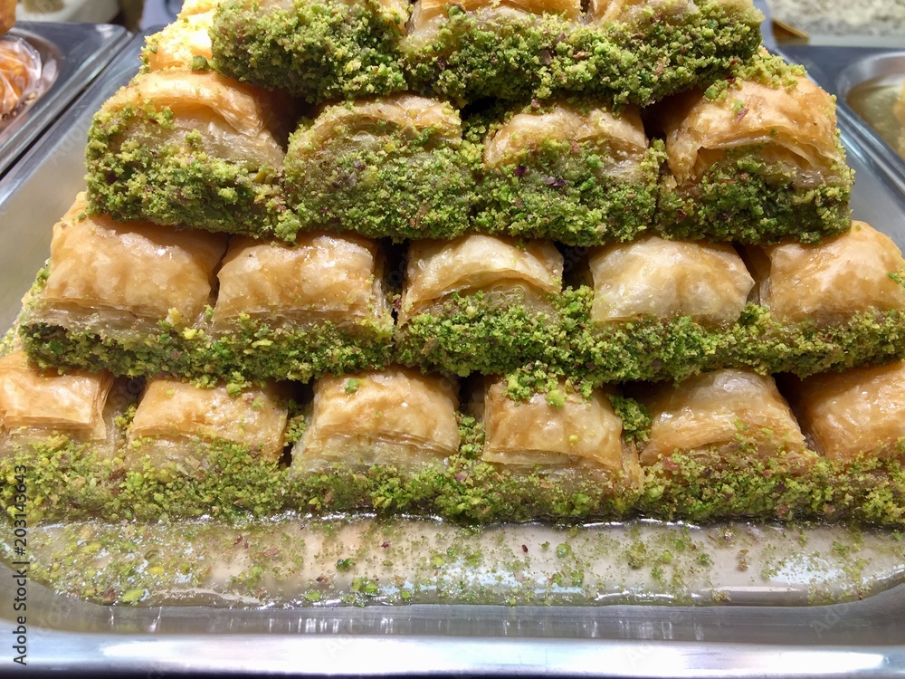 Turkish Dessert Sobiyet Baklava With Pistachio Fistikli Baklava Stock