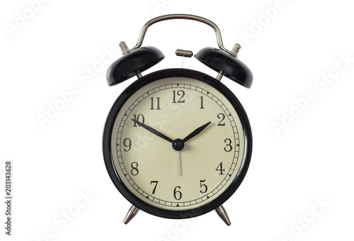 Black alarm clock isolated on white background, top view