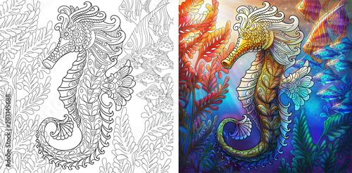 Coloring page and color sample of underwater background. Seahorse and shoal of fishes.