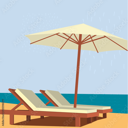 Chaise lounge and umbrella on sand beach. Vector illustration.