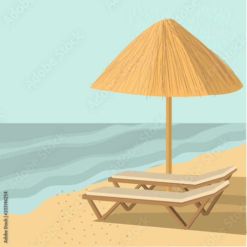 Straw umbrellas and sunbeds. Vector illustration.
