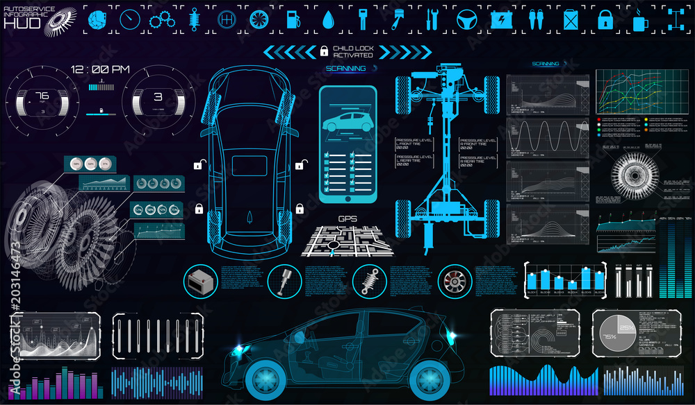Futuristic user interface. Car service in the style of HUD. Virtual  graphical interface Ui HUD Autoscanning, analysis and diagnostics, Abstract  vector science. Car auto service infographics.repair Stock ベクター | Adobe  Stock