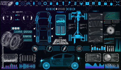 Futuristic user interface. Car service in the style of HUD. Virtual graphical interface Ui HUD Autoscanning, analysis and diagnostics, Abstract vector science. Car auto service infographics.repair