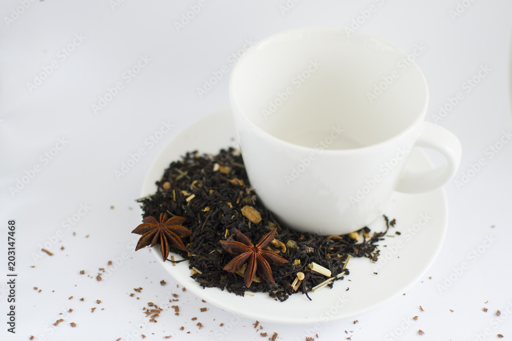 saucer with leaf tea, empty cup saucer with leaf tea, empty cup