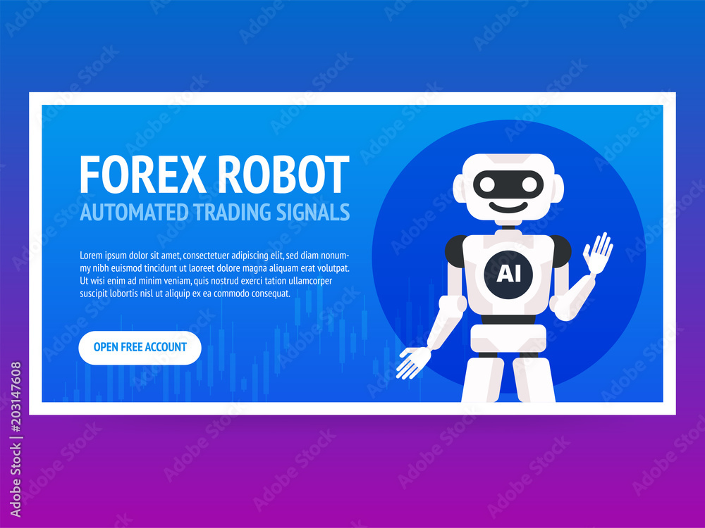 Stock exchange trading robot banner. Forex market. Forex trading. Technologies in business and trading. Artificial intelligence. Equity market. Business management. Stock exchange trading robot banner. Forex market. Forex trading. Technologies in business and trading. Artificial intelligence. Equity market. Business management.