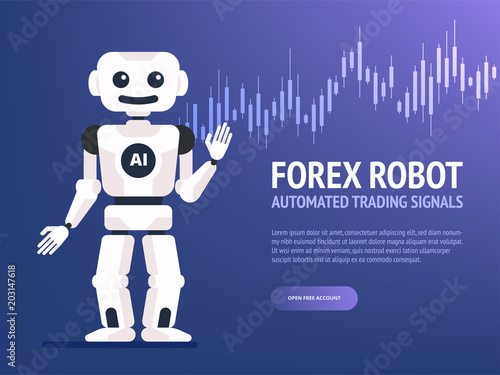 Stock exchange trading robot banner. Forex market. Forex trading. Technologies in business and trading. Artificial intelligence. Equity market. Business management.