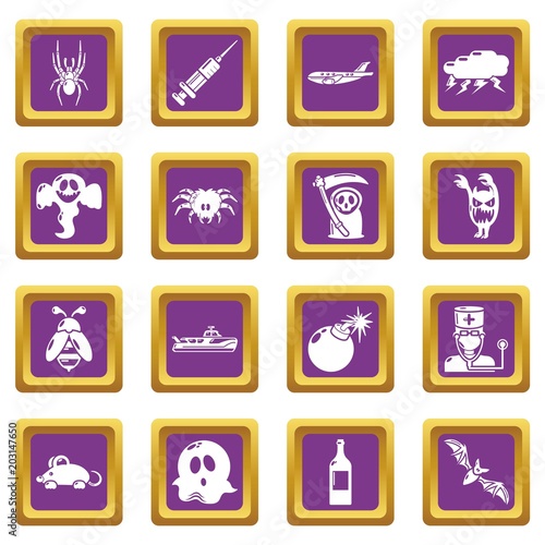 Fears phobias icons set vector purple square isolated on white background 