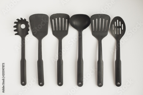 Black plastic kitchen cooking utensils