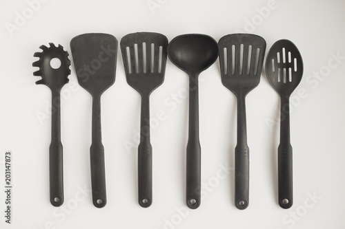 Black plastic kitchen cooking utensils