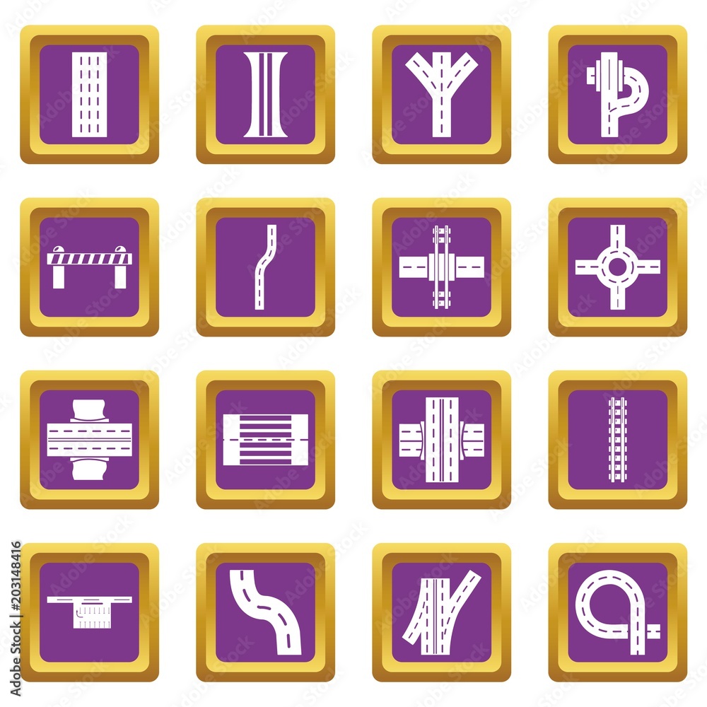 Road parts constructor icons set vector purple square isolated on white background Road parts constructor icons set vector purple square isolated on white background