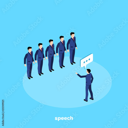 a man in a business suit speaks in front of his subordinates, an isometric image