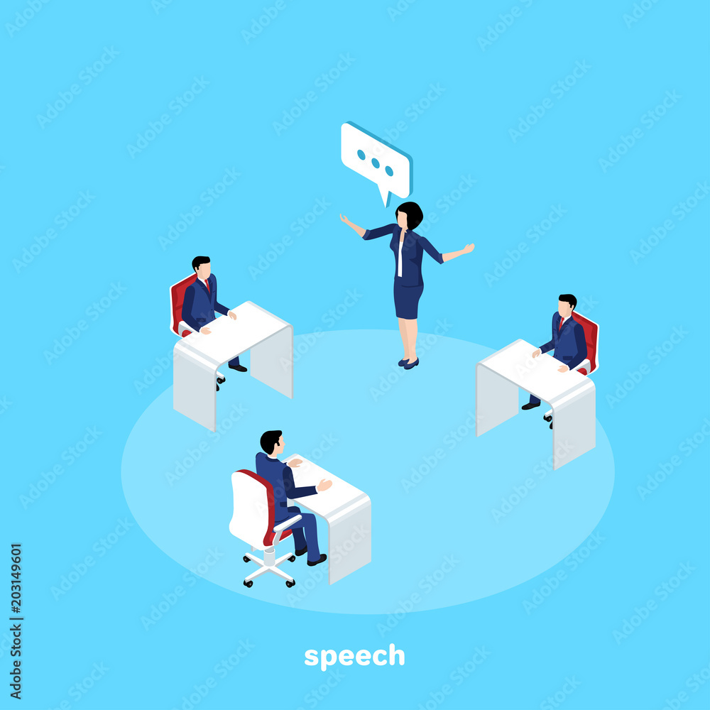 woman in a business suit speaking in front of subordinates, isometric image