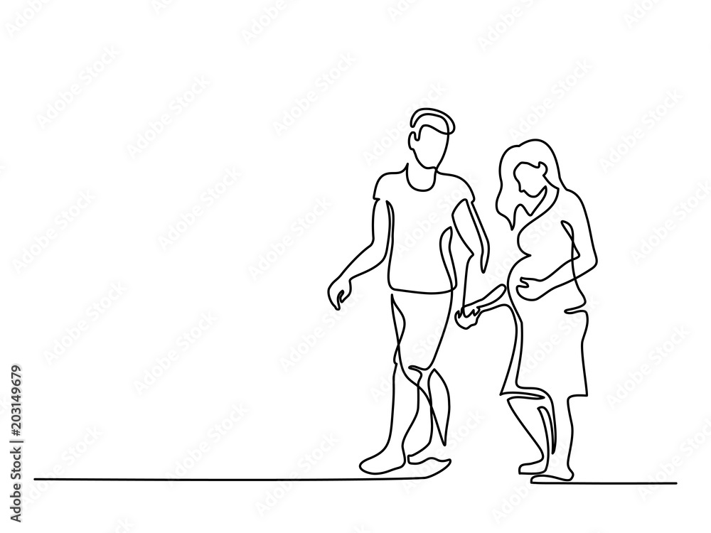 Continuous line drawing. Happy pregnant woman walking with her husband, silhouette picture. Vector illustration Continuous line drawing. Happy pregnant woman walking with her husband, silhouette picture. Vector illustration