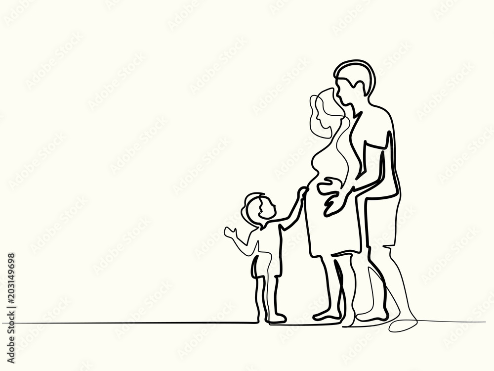 Continuous line drawing. Happy pregnant woman with her husband and small son, silhouette picture. Vector illustration