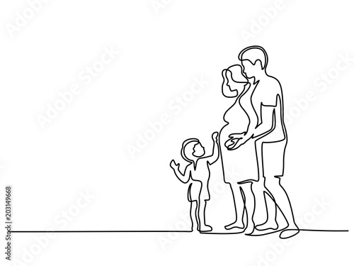 Continuous line drawing. Happy pregnant woman with her husband and small son, silhouette picture. Vector illustration