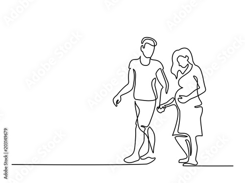 Continuous line drawing. Happy pregnant woman walking with her husband, silhouette picture. Vector illustration