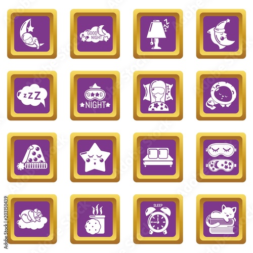 Sleeping icons set vector purple square isolated on white background 