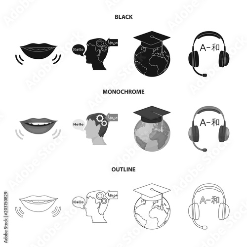 The mouth of the person speaking, the person head translating the text, the globe with the master cap, the headphones with the translation. Interpreter and translator set collection icons in black
