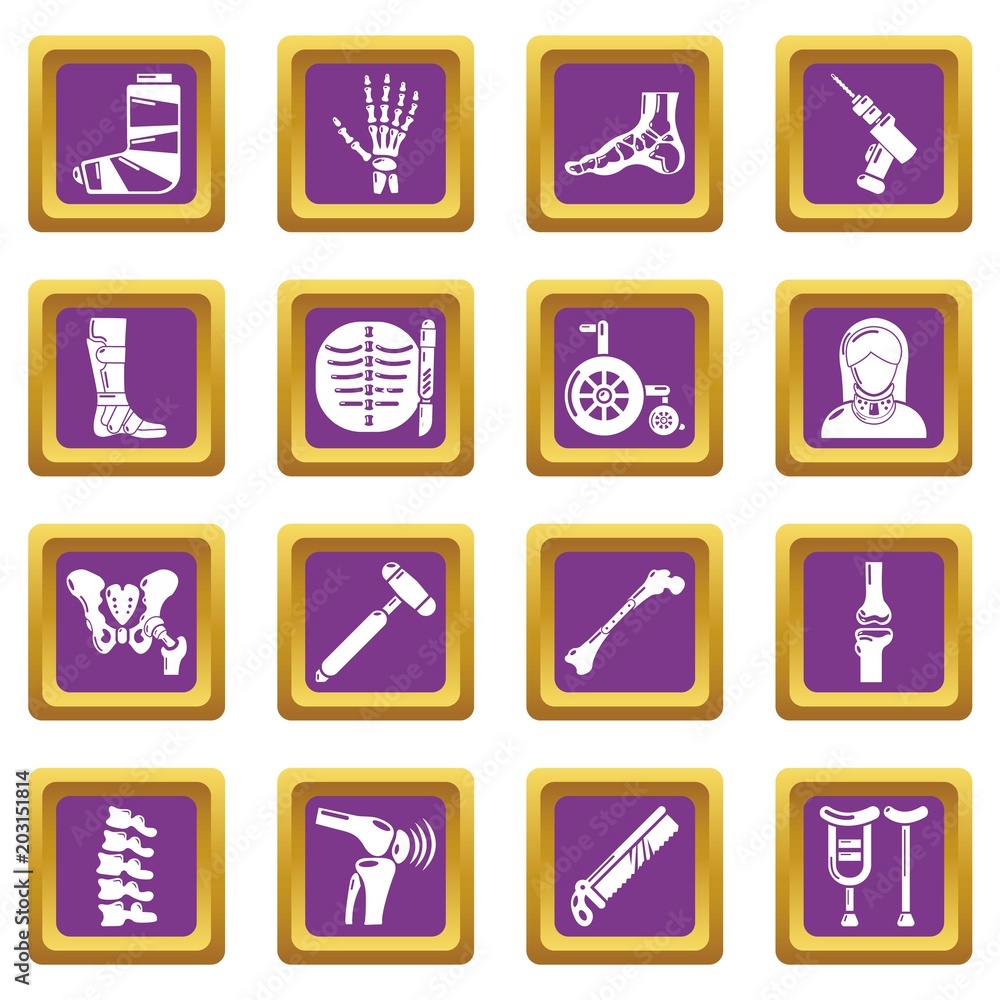 Orthopedist bone tools icons set vector purple square isolated on white background Orthopedist bone tools icons set vector purple square isolated on white background