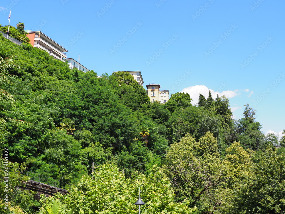 View of green trees with funicular railway of tourist train in european Locarno city and houses on hill in Switzerland