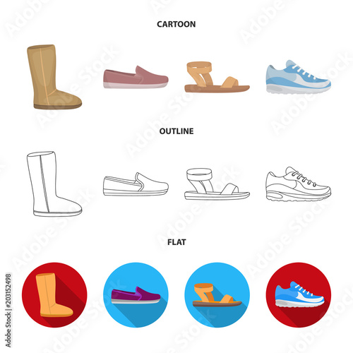 Beige ugg boots with fur, brown loafers with a white sole, sandals with a fastener, white and blue sneakers. Shoes set collection icons in cartoon,outline,flat style vector symbol stock illustration