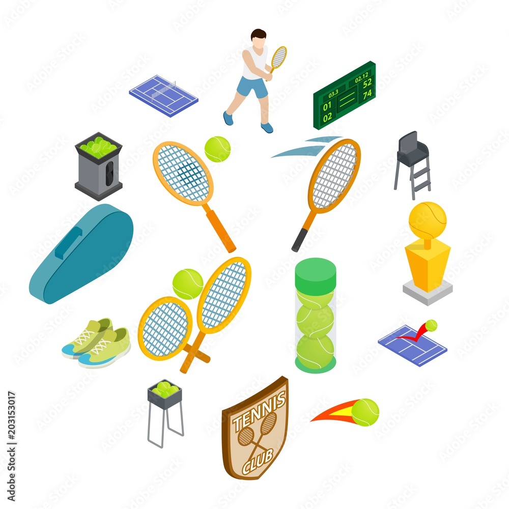 Tennis icons set in isometric 3d style isolated on white background
