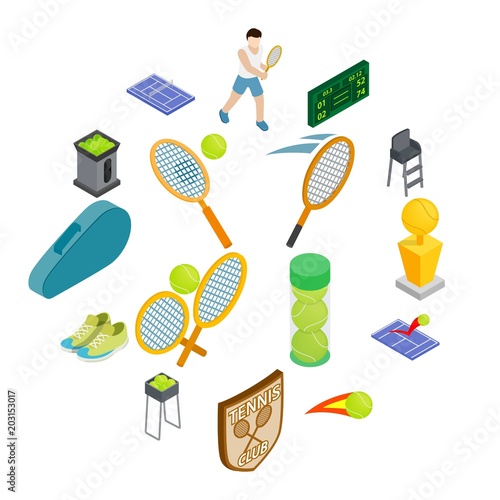 Tennis icons set in isometric 3d style isolated on white background
